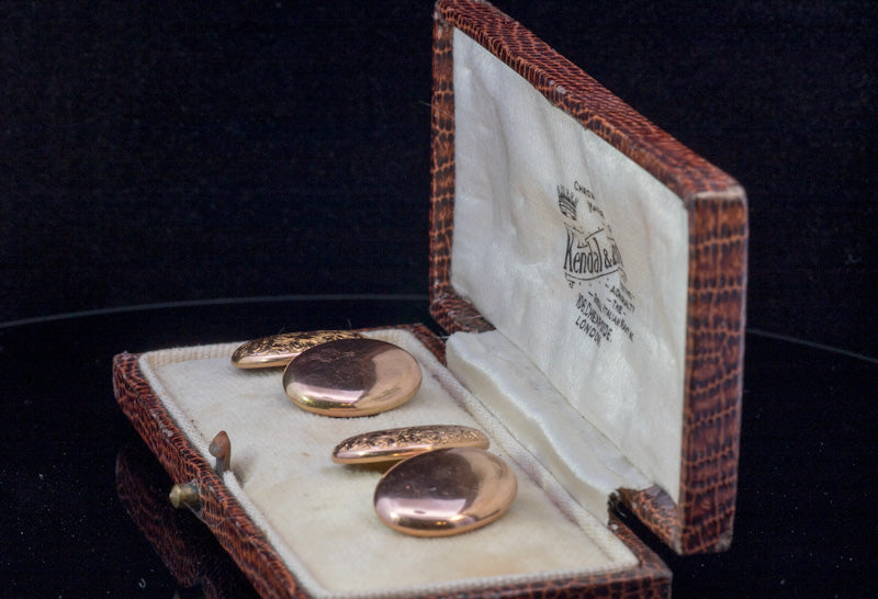 Antique 9ct Rose Gold Hand Engraved Cufflinks. Birmingham 1899. Original Box. Victorian.