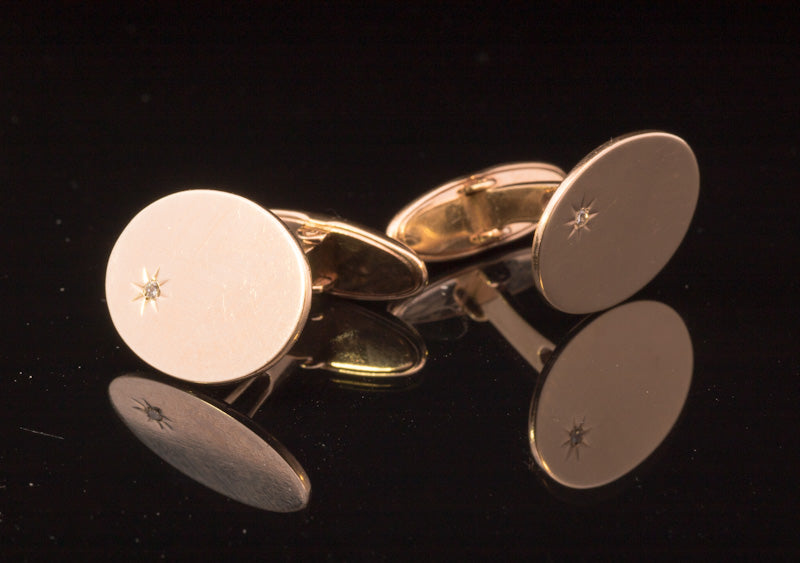 Vintage hallmarked 9ct Gold Diamond Cufflinks. London 1986. Torpedo Fittings. 8.1g