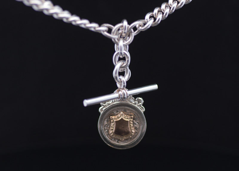 Very Heavy Antique Silver Double Albert Chain. With Silver & Gold Fob. Birmingham 1917. Superb Example.