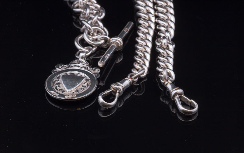 Very Heavy Antique Silver Double Albert Chain. With Silver & Gold Fob. Birmingham 1917. Superb Example.