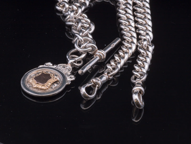 Very Heavy Antique Silver Double Albert Chain. With Silver & Gold Fob. Birmingham 1917. Superb Example.