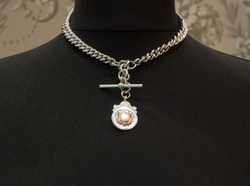 Very Heavy Antique Silver Double Albert Chain. With Silver & Gold Fob. Birmingham 1917. Superb Example.