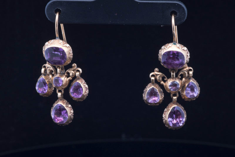 Antique Georgian 15ct Gold, 'Foil Back' Amethyst Drop Earrings. Circa 1800 /1820