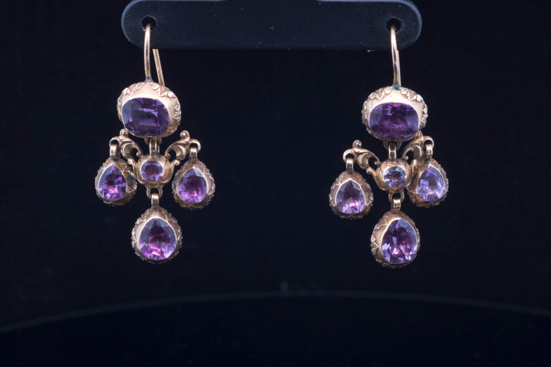 Antique Georgian 15ct Gold, 'Foil Back' Amethyst Drop Earrings. Circa 1800 /1820