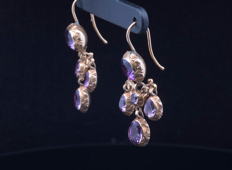 Antique Georgian 15ct Gold, 'Foil Back' Amethyst Drop Earrings. Circa 1800 /1820