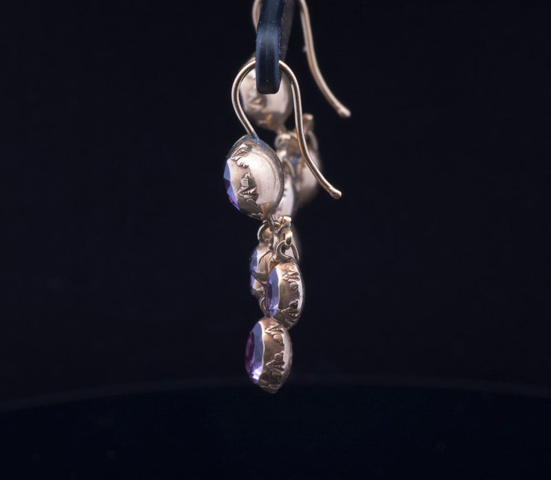 Antique Georgian 15ct Gold, 'Foil Back' Amethyst Drop Earrings. Circa 1800 /1820
