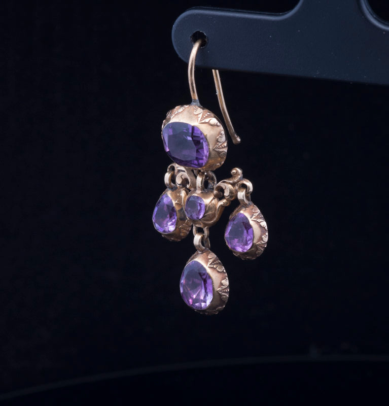 Antique Georgian 15ct Gold, 'Foil Back' Amethyst Drop Earrings. Circa 1800 /1820