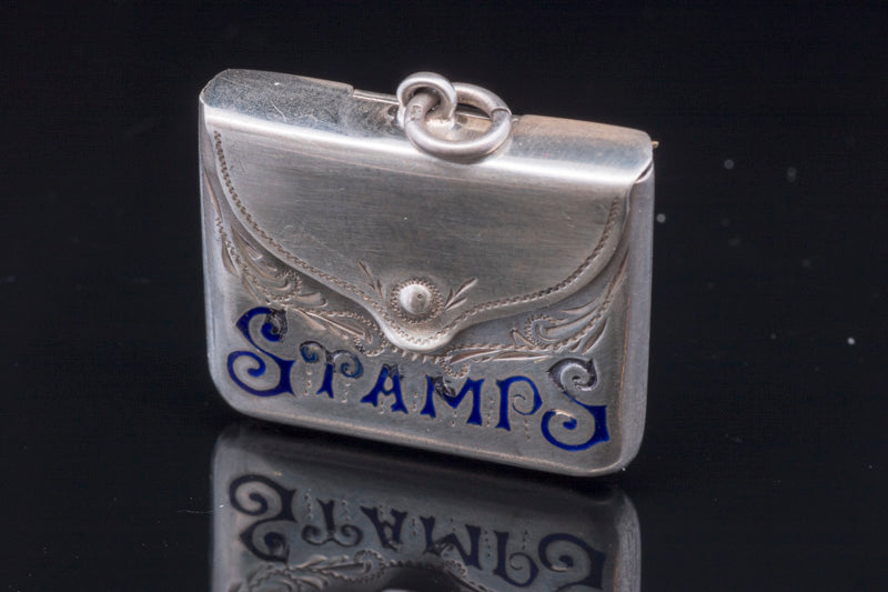 Antique Sterling Silver Stamp Holder. Blue Enamel Inlay Birmingham 1906.