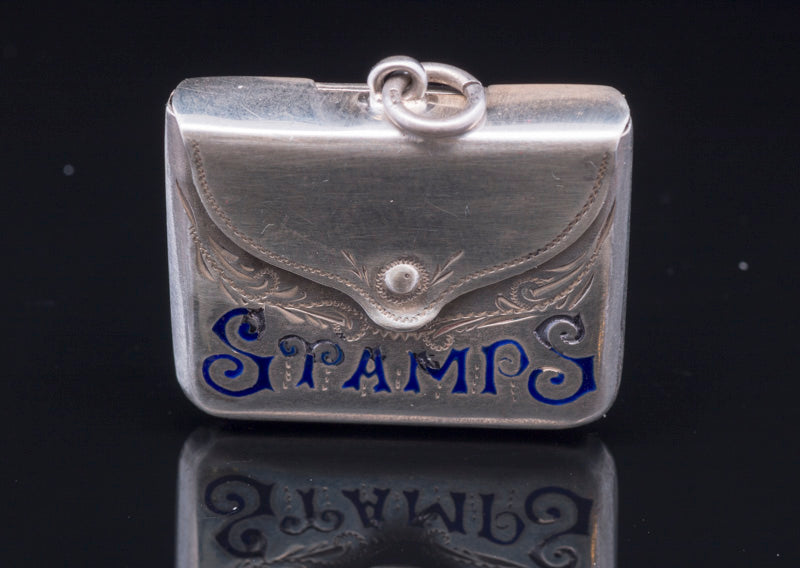Antique Sterling Silver Stamp Holder. Blue Enamel Inlay Birmingham 1906.