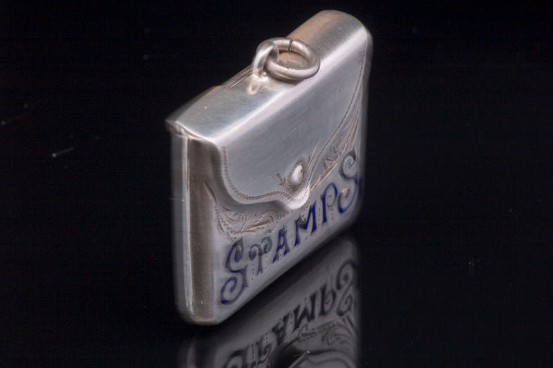 Antique Sterling Silver Stamp Holder. Blue Enamel Inlay Birmingham 1906.