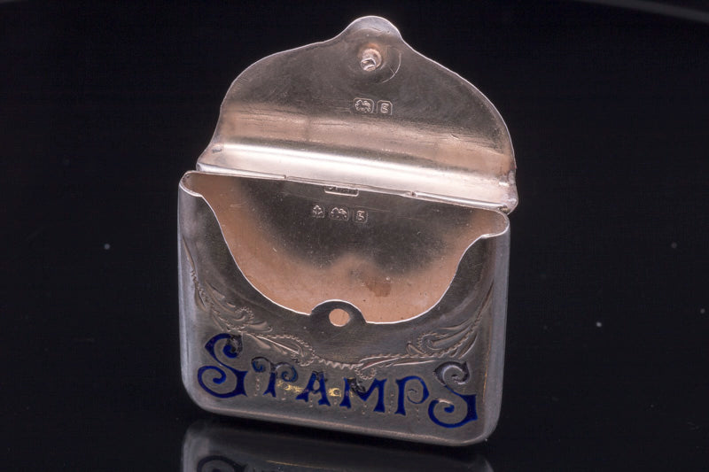 Antique Sterling Silver Stamp Holder. Blue Enamel Inlay Birmingham 1906.
