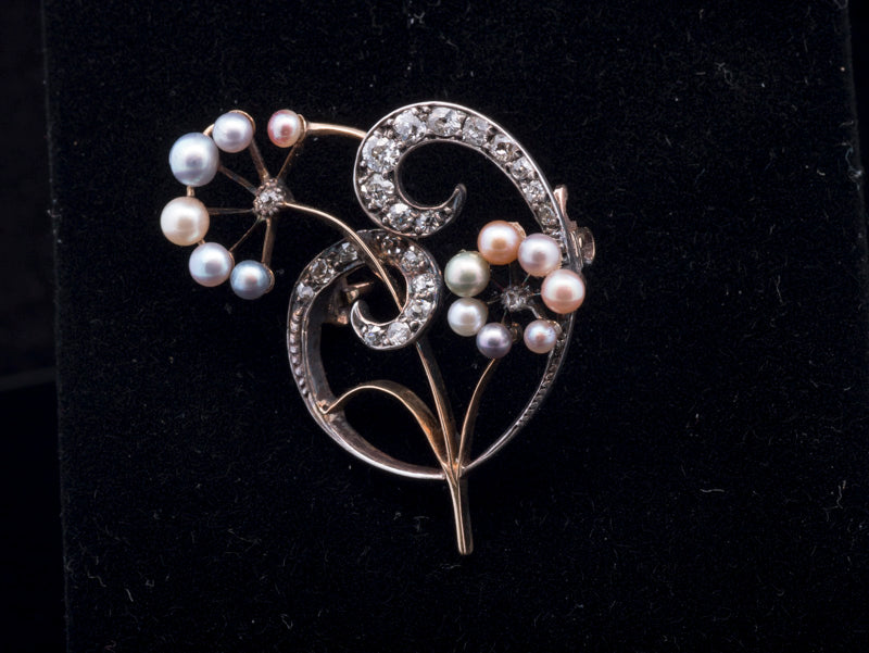 Antique Pearl and Diamond Art Nouveau Brooch 18ct Gold Back, Silver Set. Circa 1900