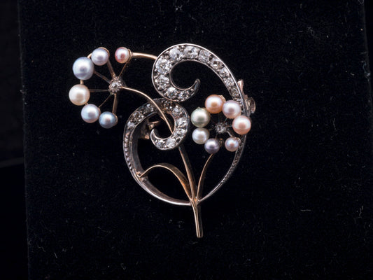 Antique Pearl and Diamond Art Nouveau Brooch 18ct Gold Back, Silver Set. Circa 1900