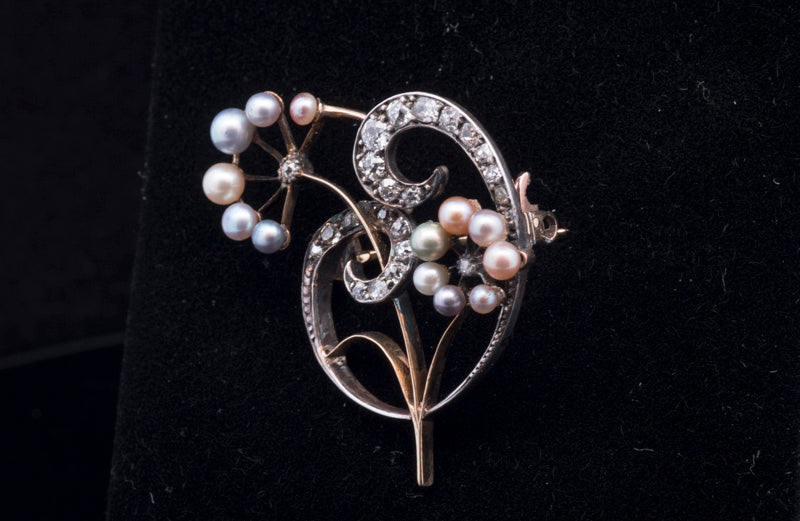 Antique Pearl and Diamond Art Nouveau Brooch 18ct Gold Back, Silver Set. Circa 1900