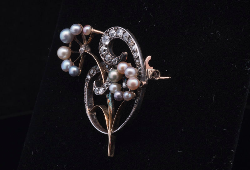 Antique Pearl and Diamond Art Nouveau Brooch 18ct Gold Back, Silver Set. Circa 1900