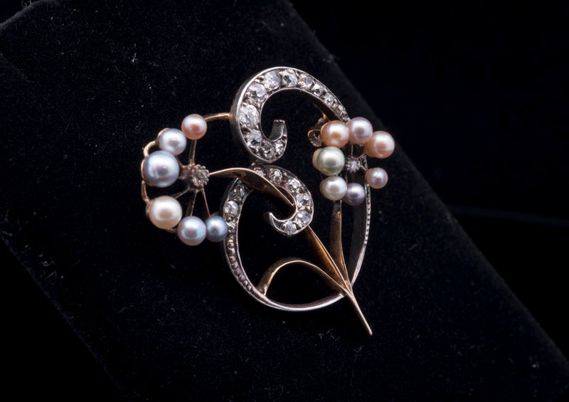 Antique Pearl and Diamond Art Nouveau Brooch 18ct Gold Back, Silver Set. Circa 1900