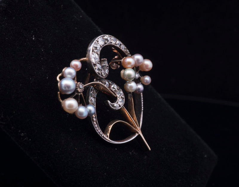 Antique Pearl and Diamond Art Nouveau Brooch 18ct Gold Back, Silver Set. Circa 1900