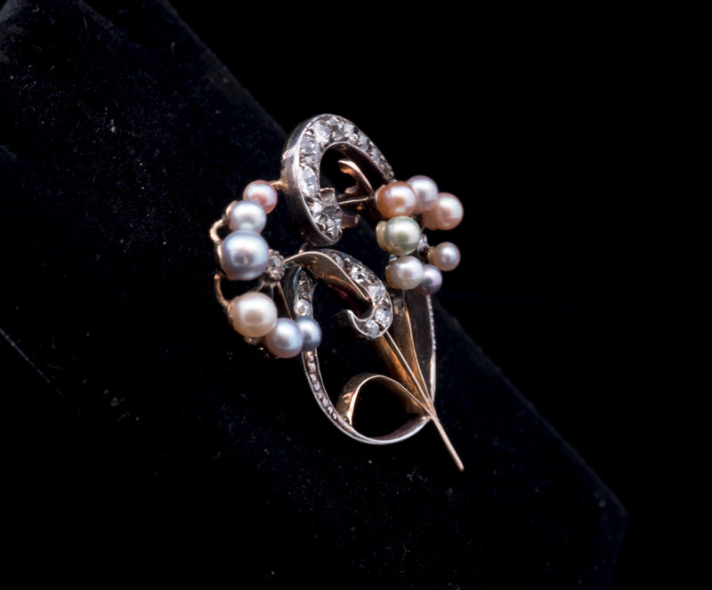 Antique Pearl and Diamond Art Nouveau Brooch 18ct Gold Back, Silver Set. Circa 1900