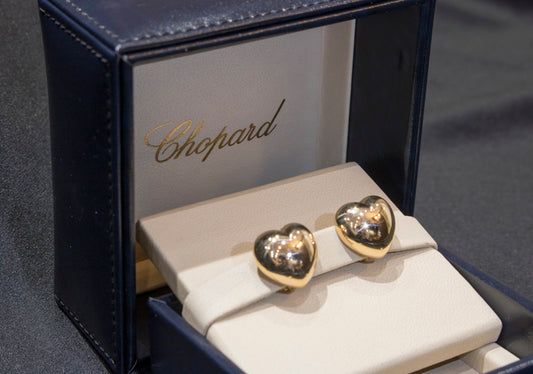 Vintage Chopard 18ct Gold Heart Earrings. Omega Fittings. Original bill of sale & Chopard Box.