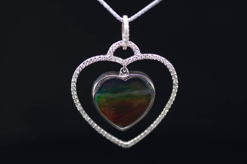 Pre- Loved Heart shaped Ammolite and Diamond Pendant 14ct White Gold. Certificated.