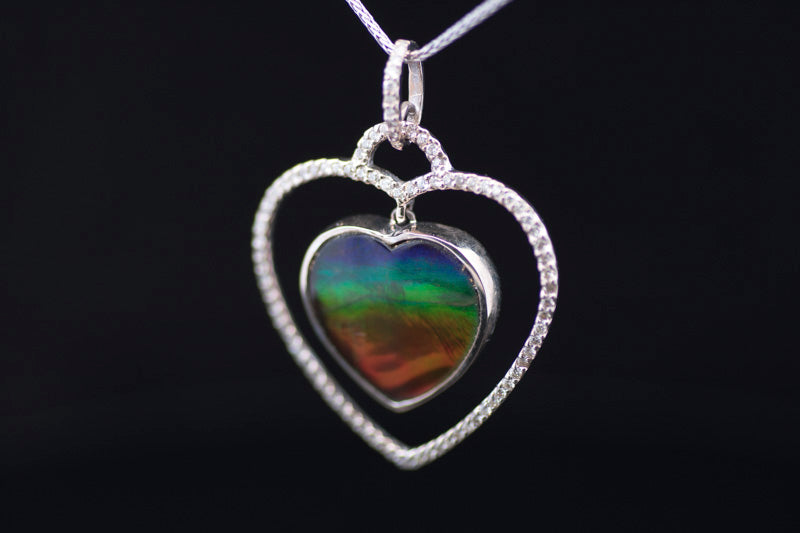 Pre- Loved Heart shaped Ammolite and Diamond Pendant 14ct White Gold. Certificated.