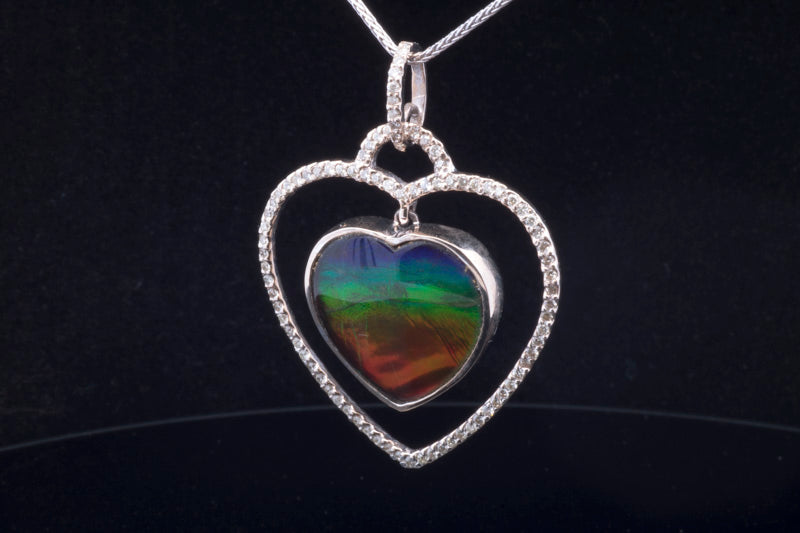 Pre- Loved Heart shaped Ammolite and Diamond Pendant 14ct White Gold. Certificated.