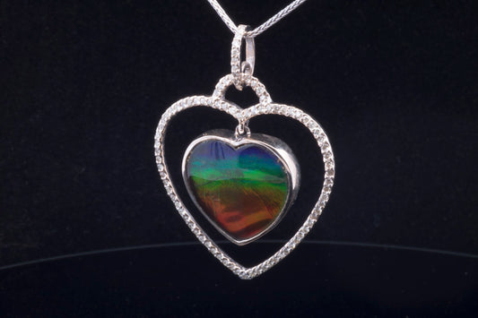 Pre- Loved Heart shaped Ammolite and Diamond Pendant 14ct White Gold. Certificated.
