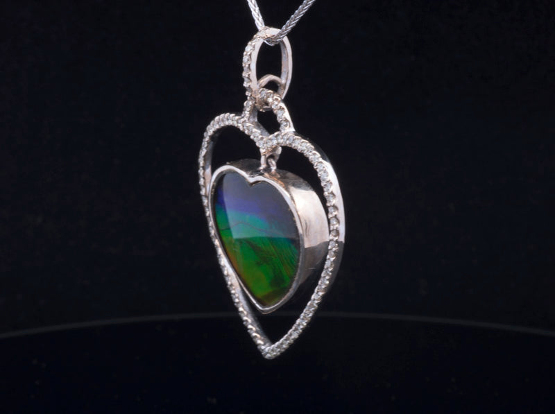Pre- Loved Heart shaped Ammolite and Diamond Pendant 14ct White Gold. Certificated.