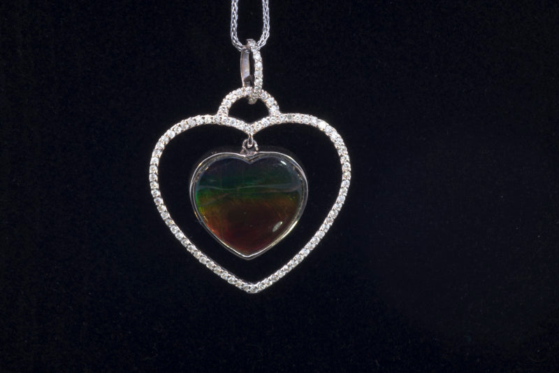 Pre- Loved Heart shaped Ammolite and Diamond Pendant 14ct White Gold. Certificated.