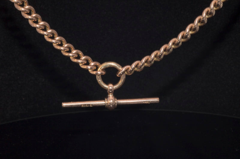 Antique Solid 9ct Rose Gold Albert Chain & T-Bar Necklace. Chester 1900. 16.5 Inches.