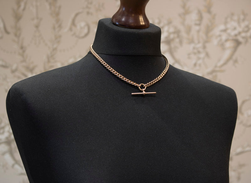 Antique Solid 9ct Rose Gold Albert Chain & T-Bar Necklace. Chester 1900. 16.5 Inches.