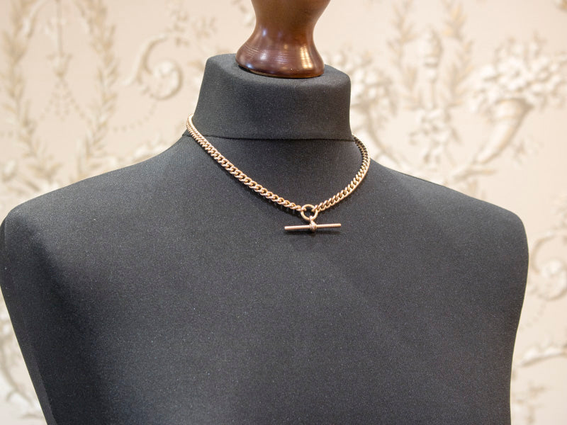 Antique Solid 9ct Rose Gold Albert Chain & T-Bar Necklace. Chester 1900. 16.5 Inches.