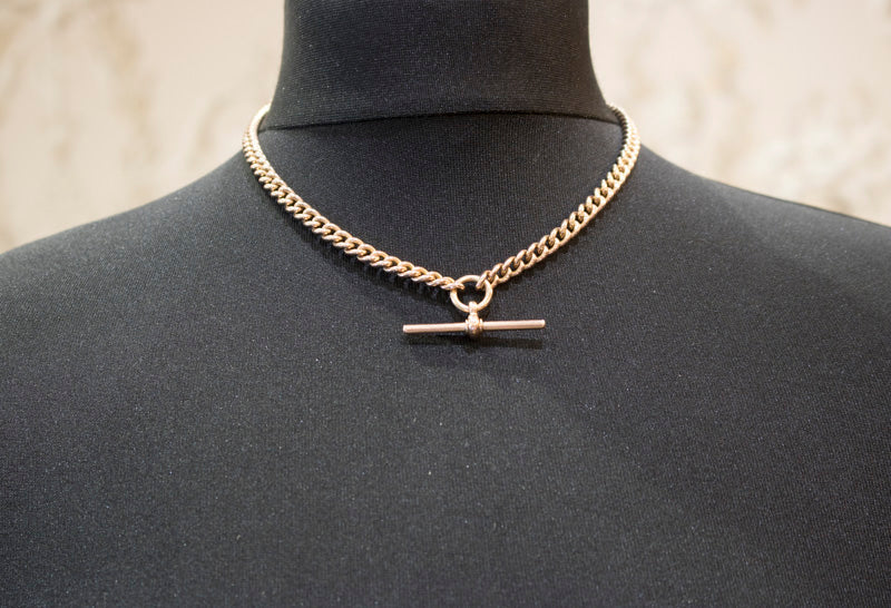 Antique Solid 9ct Rose Gold Albert Chain & T-Bar Necklace. Chester 1900. 16.5 Inches.