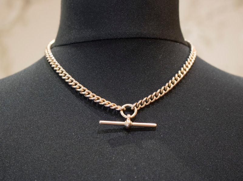 Antique Solid 9ct Rose Gold Albert Chain & T-Bar Necklace. Chester 1900. 16.5 Inches.