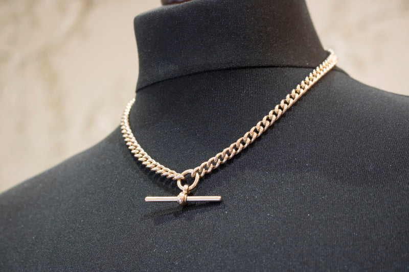 Antique Solid 9ct Rose Gold Albert Chain & T-Bar Necklace. Chester 1900. 16.5 Inches.