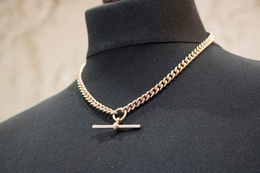 Antique Solid 9ct Rose Gold Albert Chain & T-Bar Necklace. Chester 1900. 16.5 Inches.