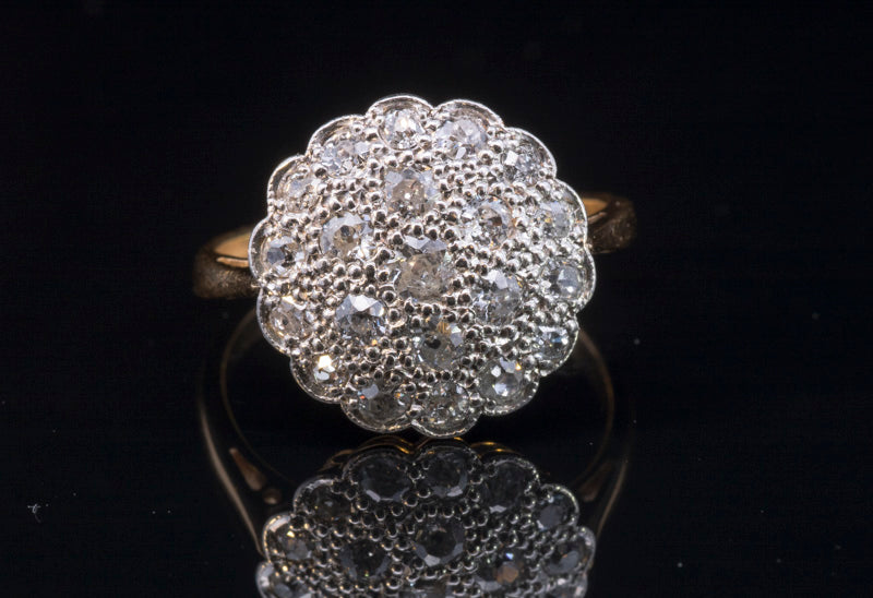 Antique Art-Deco 'Target' Diamond Cluster Ring. Pave Set. English Circa 1910. 18ct Gold.