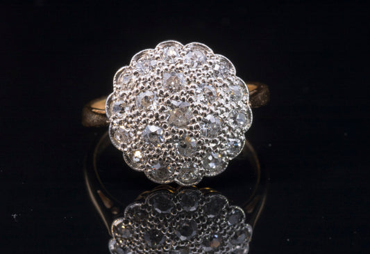 Antique Art-Deco 'Target' Diamond Cluster Ring. Pave Set. English Circa 1910. 18ct Gold.