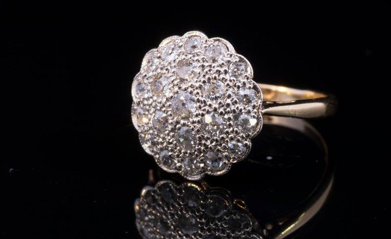 Antique Art-Deco 'Target' Diamond Cluster Ring. Pave Set. English Circa 1910. 18ct Gold.