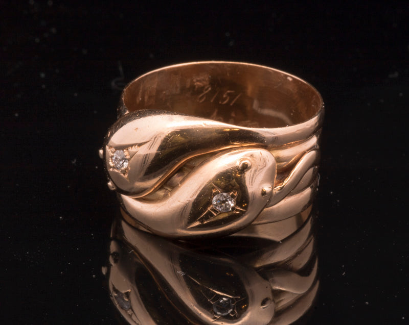Antique 18ct Gold Double Snake Ring. Diamond Set. London 1918.