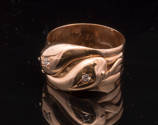 Antique 18ct Gold Double Snake Ring. Diamond Set. London 1918.