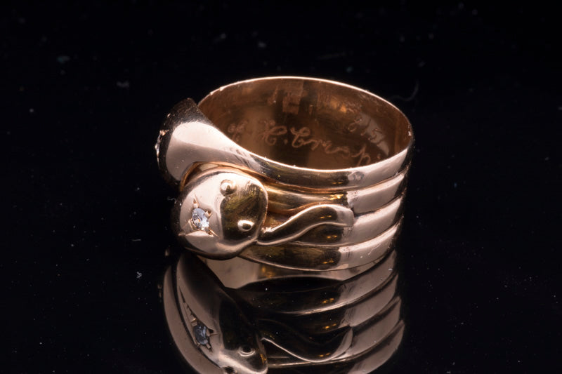 Antique 18ct Gold Double Snake Ring. Diamond Set. London 1918.