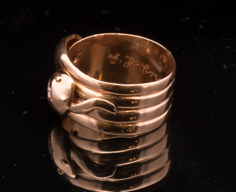 Antique 18ct Gold Double Snake Ring. Diamond Set. London 1918.