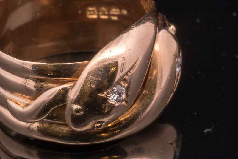 Antique 18ct Gold Double Snake Ring. Diamond Set. London 1918.
