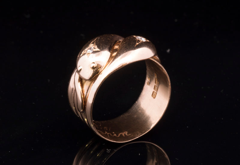 Antique 18ct Gold Double Snake Ring. Diamond Set. London 1918.
