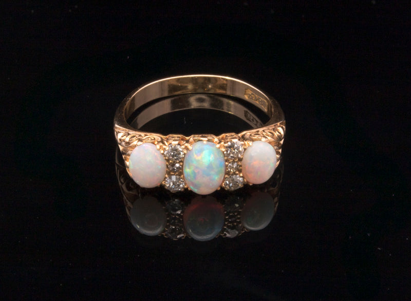 Antique 18ct Gold, Opal and Diamond Ring. Hand Carved Mount. Old cut Diamonds. English Circa 1900