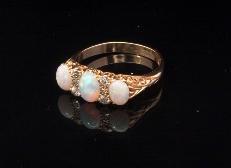 Antique 18ct Gold, Opal and Diamond Ring. Hand Carved Mount. Old cut Diamonds. English Circa 1900