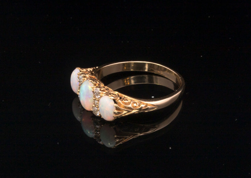 Antique 18ct Gold, Opal and Diamond Ring. Hand Carved Mount. Old cut Diamonds. English Circa 1900