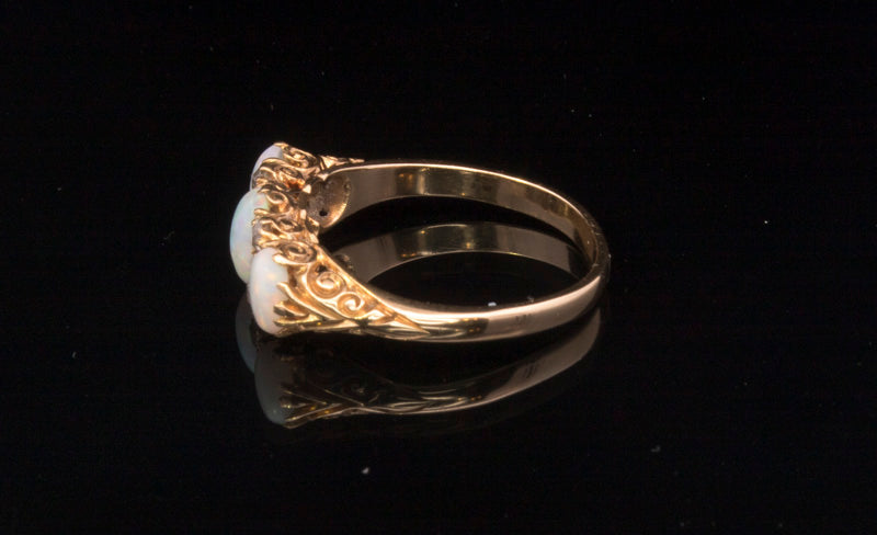 Antique 18ct Gold, Opal and Diamond Ring. Hand Carved Mount. Old cut Diamonds. English Circa 1900