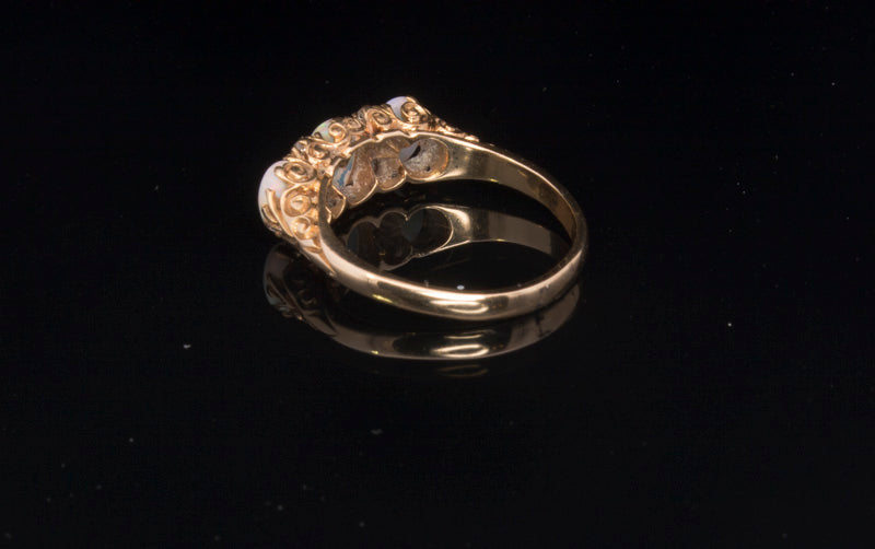 Antique 18ct Gold, Opal and Diamond Ring. Hand Carved Mount. Old cut Diamonds. English Circa 1900